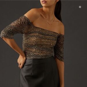 Off the shoulder anthropologie mesh shirred cheetah print top